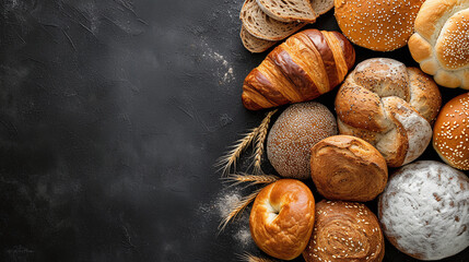 Different bakery products over dark background. Banner for advertising and design, promo close-up view with copy space. Banner concept.