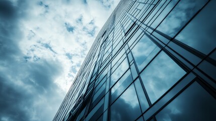 A group of workers installing glass windows on a commercial skyscraper under a cloudy sky, Window installation scene, Skyline construction style