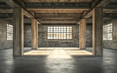 Obraz premium A spacious, industrial-style interior with concrete pillars and large windows allowing natural light.