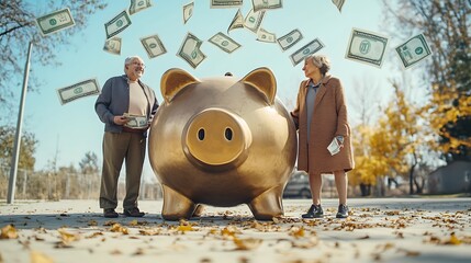 Elderly couple standing beside a massive piggy bank with floating bills representing effective retirement savings and wealth accumulation
