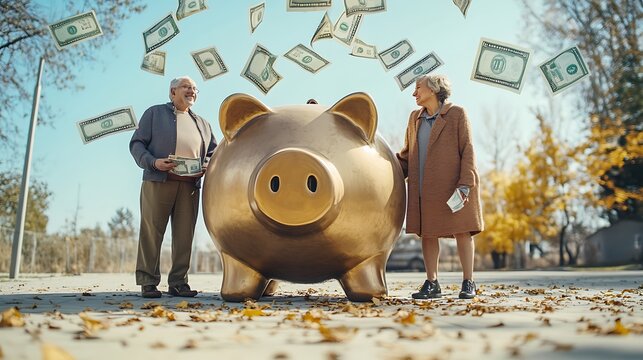 Elderly couple standing beside a massive piggy bank with floating bills representing effective retirement savings and wealth accumulation