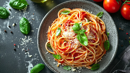 Tasty appetizing classic italian spaghetti pasta with tomato sauce, cheese parmesan and basil on plate on dark table. View from above. Copy space	