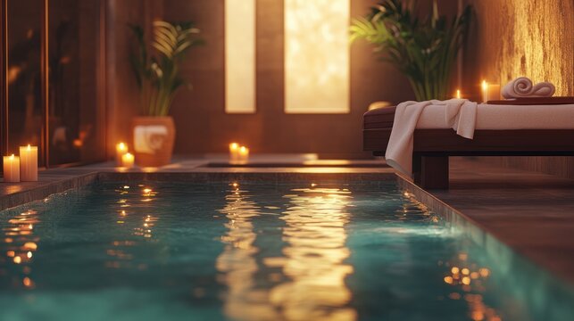 Photo of an indoor swimming pool in a spa setting with candles, white towels, and a massage table, right side empty for copy space, warm, inviting lighting