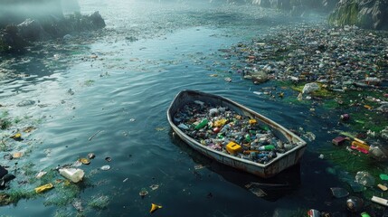 Fototapeta premium pollution is a lake full of plastic and other garbage that floats on the edges of the lake