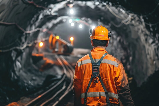 Coal mine worker walking through underground dark lighted tunnel	