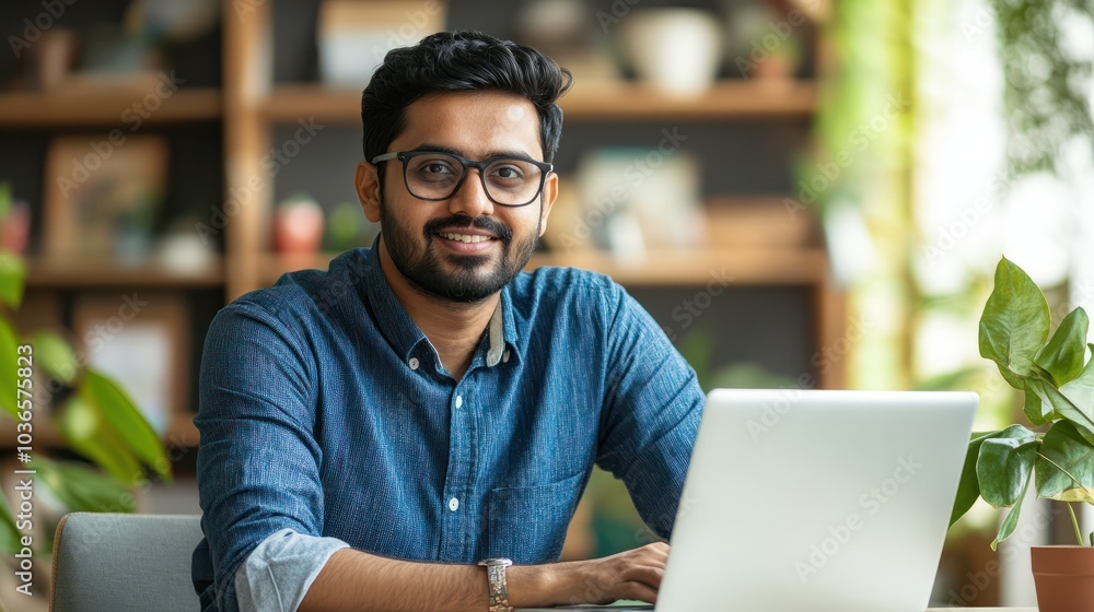 Poster portrait of an indian software engineer or web developer working on laptop in modern office looking 