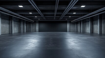 A spacious, empty industrial garage with concrete walls and a polished floor, ideal for various uses.
