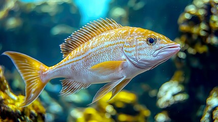 Fototapeta premium A yellow and white fish swims in clear water, its scales sparkling.