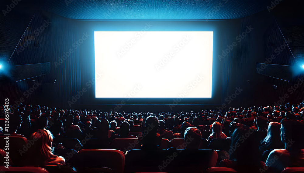 Poster large audience watching movie mockup white screen in cinema