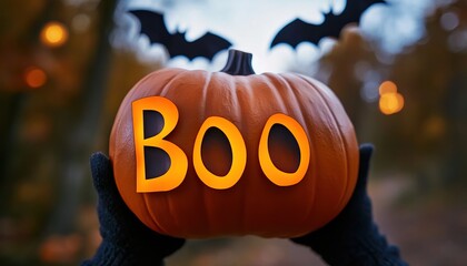 Naklejka premium A spooky Halloween pumpkin with the word 'Boo', surrounded by autumn foliage and bats, perfect for Halloween decor.