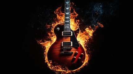 Rock guitar in flames of fire. Vertical view of fire guitar on dark background.	