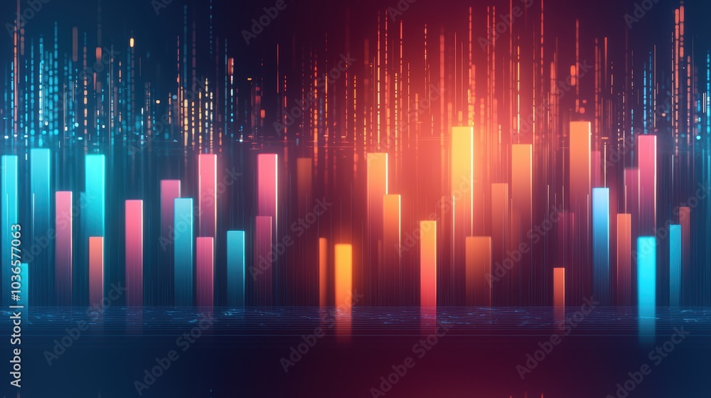 Poster a vibrant digital visualization of bars in blue and orange hues, representing data analysis or audio