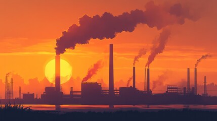 Silhouette of a large industrial plant with smokestacks emitting pollution against an orange sky at sunrise.