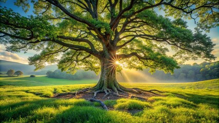 Fototapeta premium A Majestic Tree Stands Tall Against a Sun-Drenched Meadow, Its Branches Reaching Skyward, Casting Long Shadows Across the Lush Grass