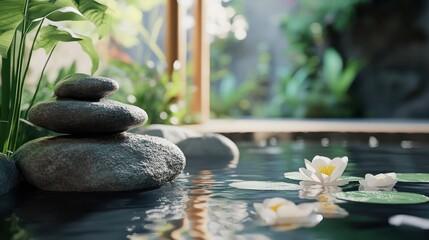 Soothing spa environment with zen stones, peaceful water feature, and calming background, evoking deep relaxation and tranquility, perfect for wellness and self-care concepts.
