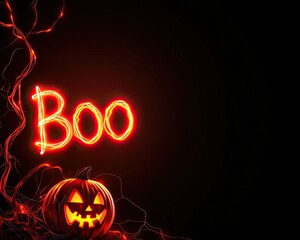 Halloween pumpkin with glowing 'Boo' message, festive decoration, spooky atmosphere, dark background.