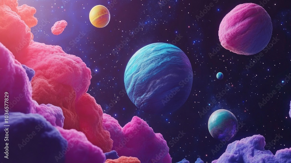Aufkleber cartoon rendering in 3d of planets and a nebula in space