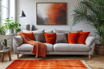 Beige sofa with red pillow and floor lamp against white wall with frame. Loft home interior design of modern living room. Copy space	
