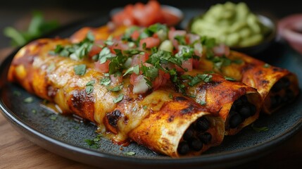 Sweet potato and black bean enchiladas topped with melted cheese and fresh cilantro, served with a side of guacamole and salsa