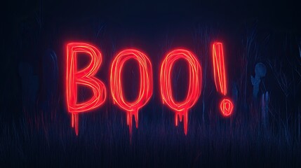 Neon 'BOO!' sign glowing brightly in a dark setting, perfect for Halloween themes and spooky decorations.