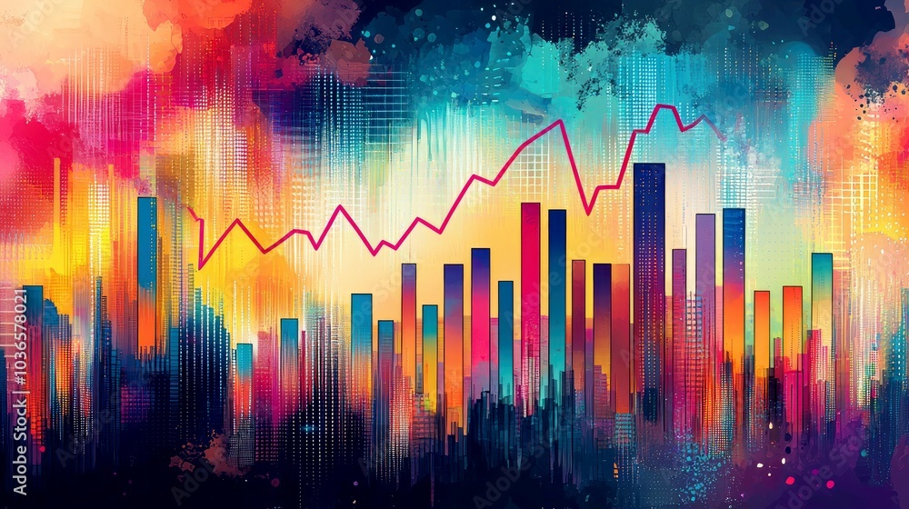 Poster abstract cityscape with a rising red line chart symbolizing growth and progress.