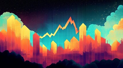 Abstract cityscape with a rising graph representing growth and prosperity.