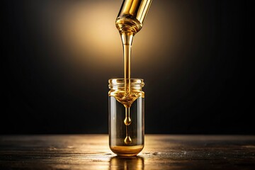 Golden liquid dripping from a vial onto a dark background, fluid, gold, amber