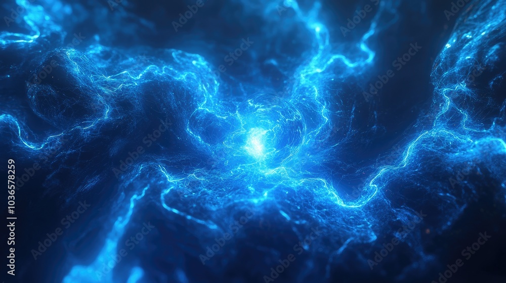 Poster blue glowing ball lightning in a 3d cartoon rendering featuring a computer generated abstract backgr
