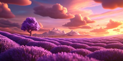 Fototapeta premium Close-up of a lavender field with a solitary tree in a serene landscape, Lavender field with a solitary tree in a tranquil setting