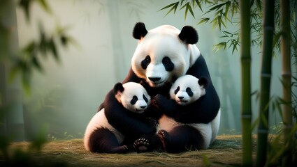 Beautiful panda hugging her cubs