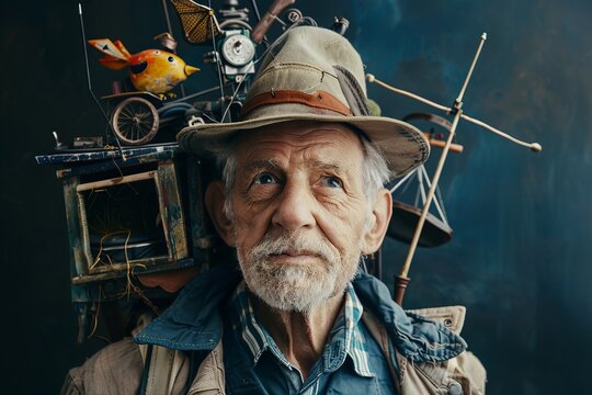 Portrait of Elderly Man with Creative Hat Adorned with Unique Objects Against Dark Background..