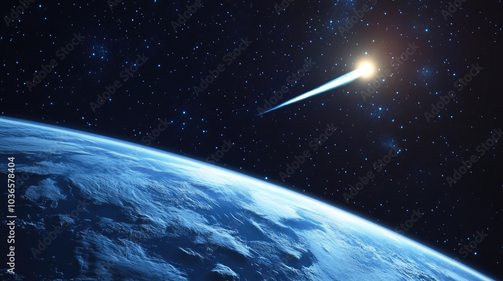 Poster astronomical scientific background featuring a bright comet approaching earth in a 3d cartoon render