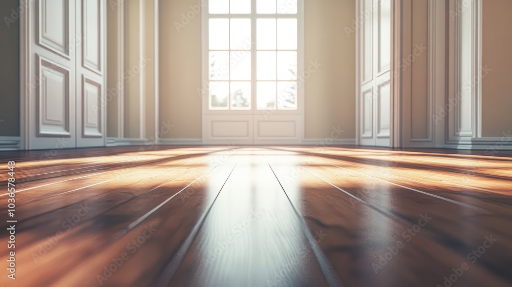 Poster 3d rendering of a closeup view of an empty wooden floor ceiling and doors with light reflections