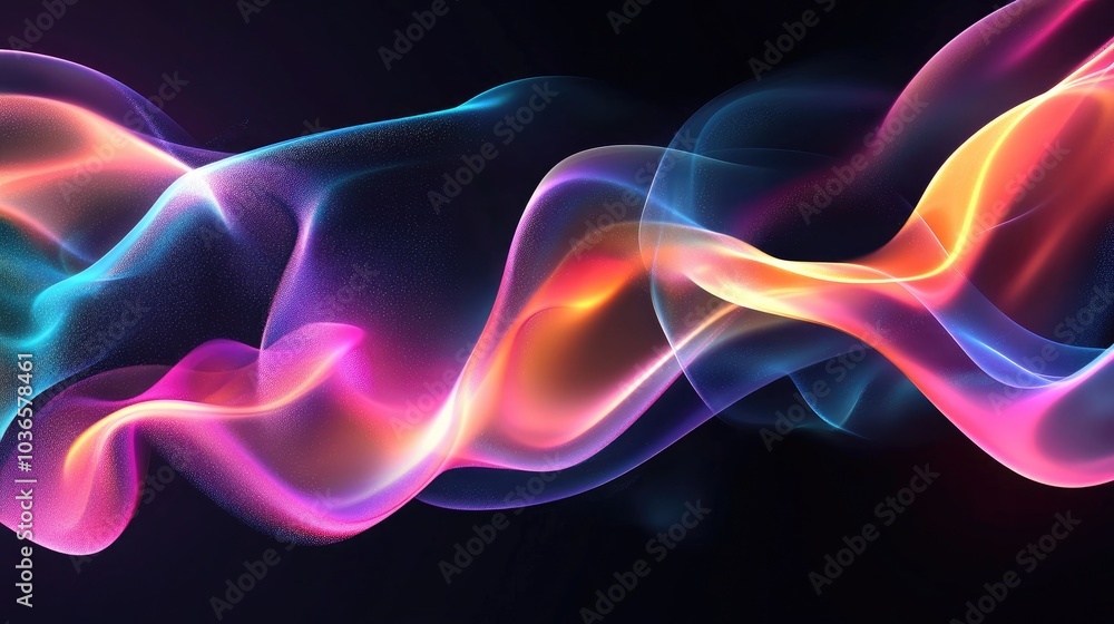 Poster Abstract black background featuring a 3D cartoon rendering of sequined smoke with waves and fluid overflow