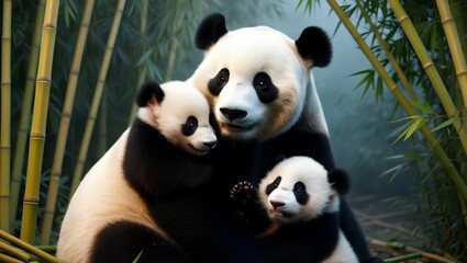 Fototapeta premium Beautiful panda hugging her cubs