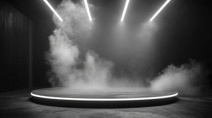 Empty stage with directional white light on a transparent background featuring floating smoke ideal for product demonstrations