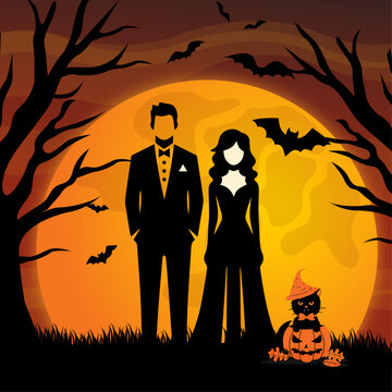 Halloween Couple Silhouette: Bats, Full Moon, and Creepy Pumpkin, Spooky Halloween Family Night: Moonlit Graveyard Scene with Bats, Halloween Horror: Family Silhouette with Pumpkin and Eerie Atmosph