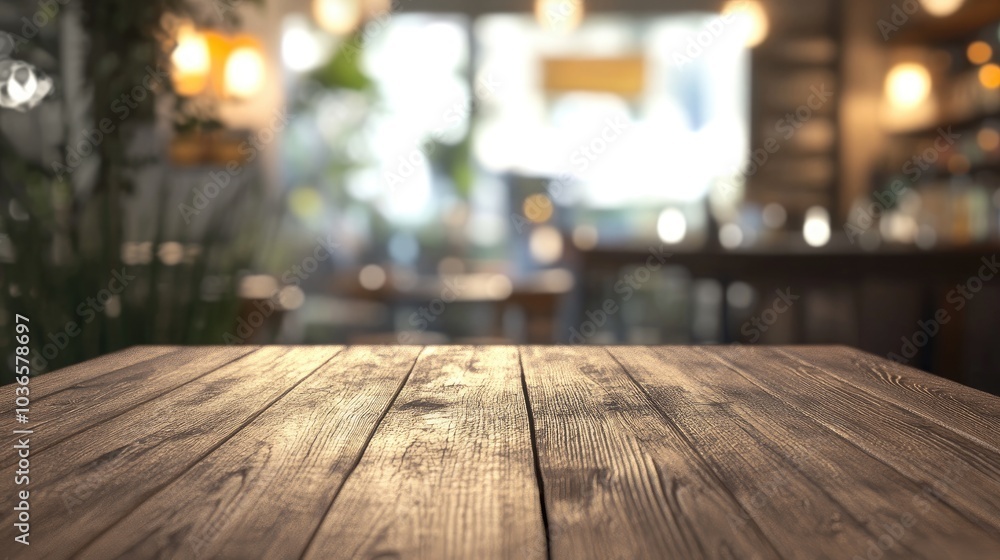 Poster 3d rendering of an empty wooden table with a blurred restaurant backdrop