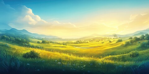 Naklejka premium A summer afternoon in the countryside featuring fields and meadows with a lush landscape following rainfall, Summer countryside landscape after rain with fields and meadows
