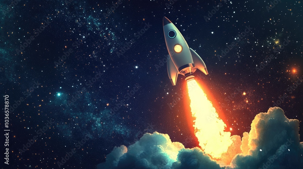 Aufkleber rocket takes off into space with a light blast in a starry sky depicted in a 3d cartoon rendering sp