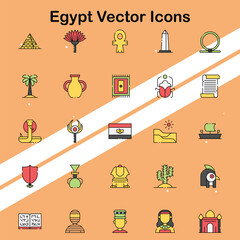 Set of Egypt icons depicting cultural symbols and landmarks ideal for travel and history themes.