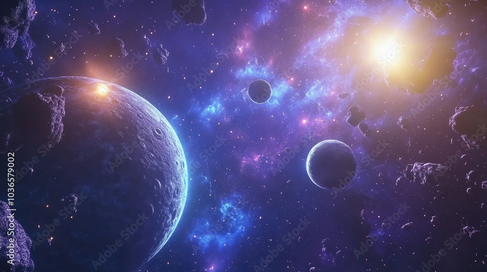 Poster 2d illustration in a 3d cartoon rendering set against a deep interstellar space backdrop featuring b