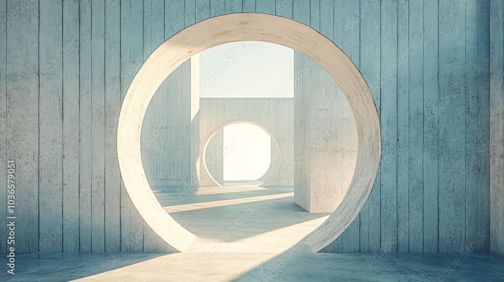 Poster modern architectural design featuring circular openings and shadows. this minimalist concrete design