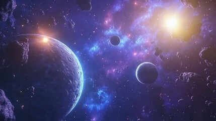 2D illustration in a 3D cartoon rendering set against a deep interstellar space backdrop featuring bright flashing stars planets moons comets and various science fiction themed creative background