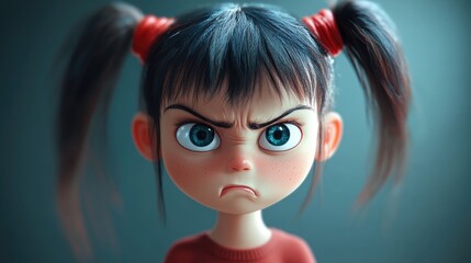 3D Cartoon Portrait of a Little Angry Girl