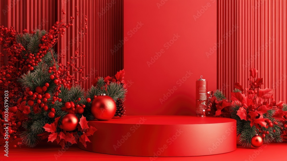 Poster red christmas greeting card design featuring an empty round podium for product display against a vib