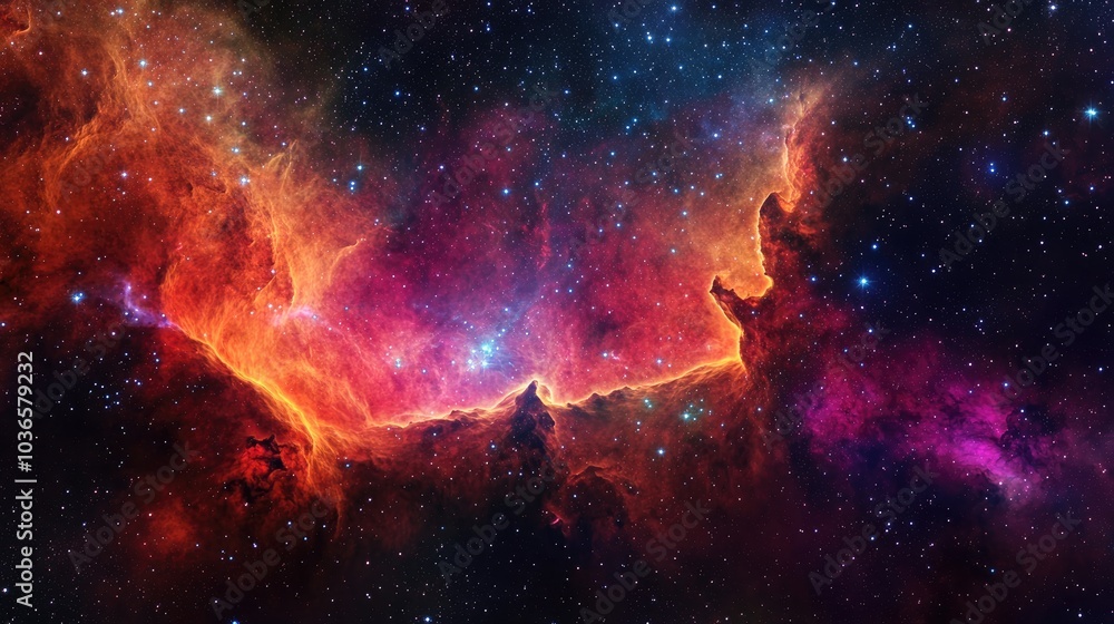 Poster 3d rendering of a vibrant red violet nebula featuring the horsehead nebula in an outer space scene w