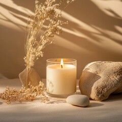 Vanilla burning candle on beige background. Warm aesthetic composition with stones and dry plants