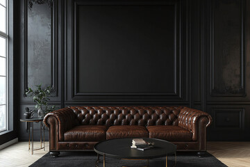 Empty black wall in modern living room. Mock up interior in classic style. Free space, copy space for your picture, banner, text, or another design. Brown leather sofa