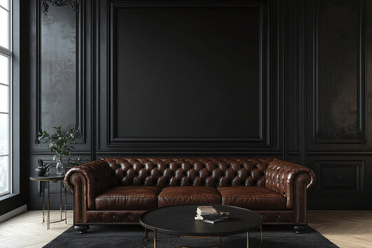 Naklejki Empty black wall in modern living room. Mock up interior in classic style. Free space, copy space for your picture, banner, text, or another design. Brown leather sofa